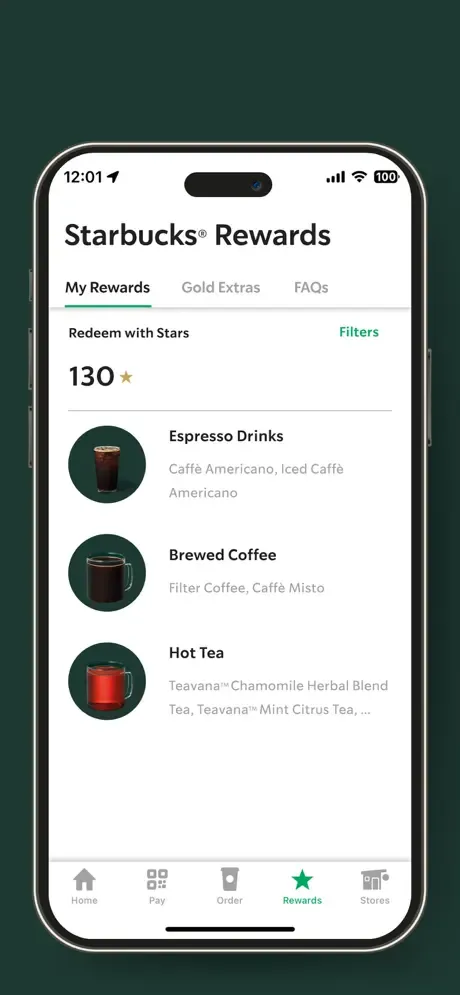Starbucks app UK rewards at 130 Stars, covering espresso drinks and brewed coffee