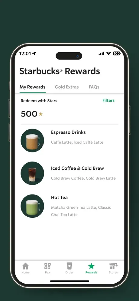 Starbucks app UK rewards at 500 Stars, covering lattes, cold brew and matcha