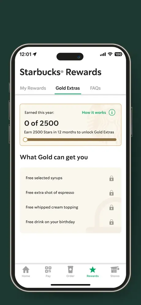 Starbucks app UK Gold Extras progress towards 2500 Stars