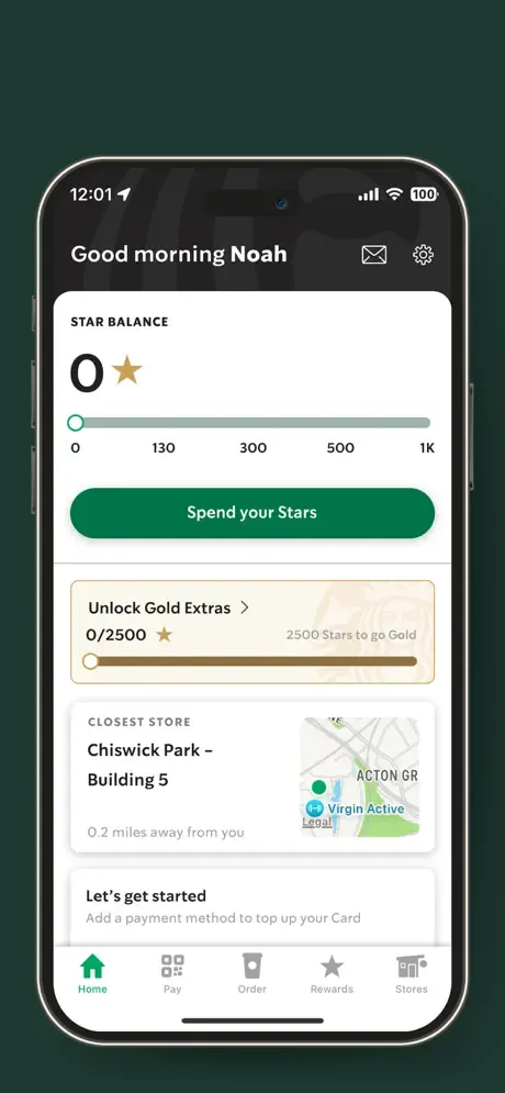 Starbucks app UK home screen with Star balance and nearest store